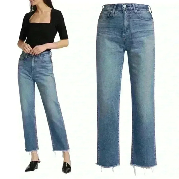 Moussy Vintage Evelyn Straight Wide Crop Frayed Jeans Blue Size 26 - Picture 2 of 11